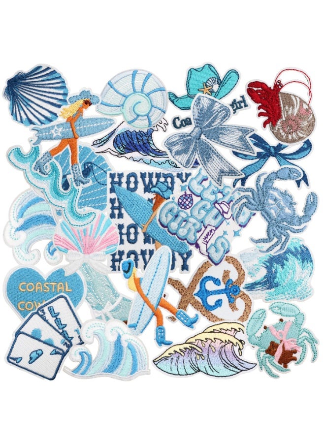 Peachjoy 24pcs Summer Sea Iron/Sew on Patches, Ocean Beach Wave Embroidered Applique, Coastal Cowgirl Decration for Clothes, Hat, Bag, Jeans, Dress, Shirt - Image 1